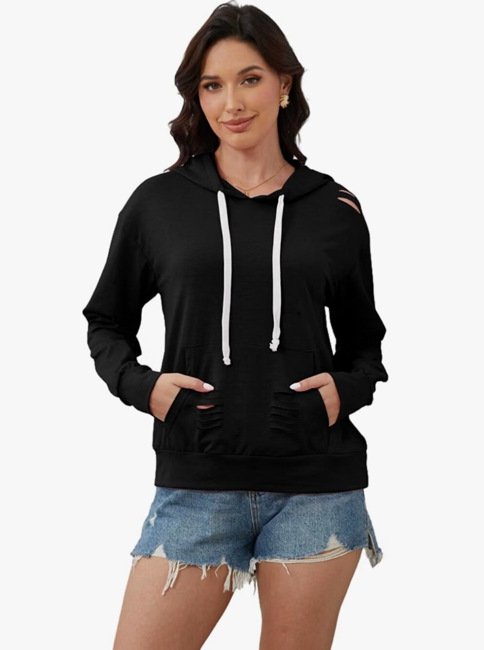 Hoodie Button Collar Drawstring Hooded Pullover Sweatshirt with Pocket